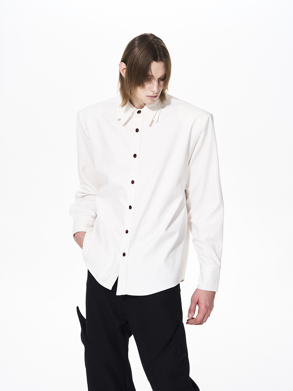 DOUBLE-COLLAR GEM-BUTTON STRUCTURED SHIRT-WHITE