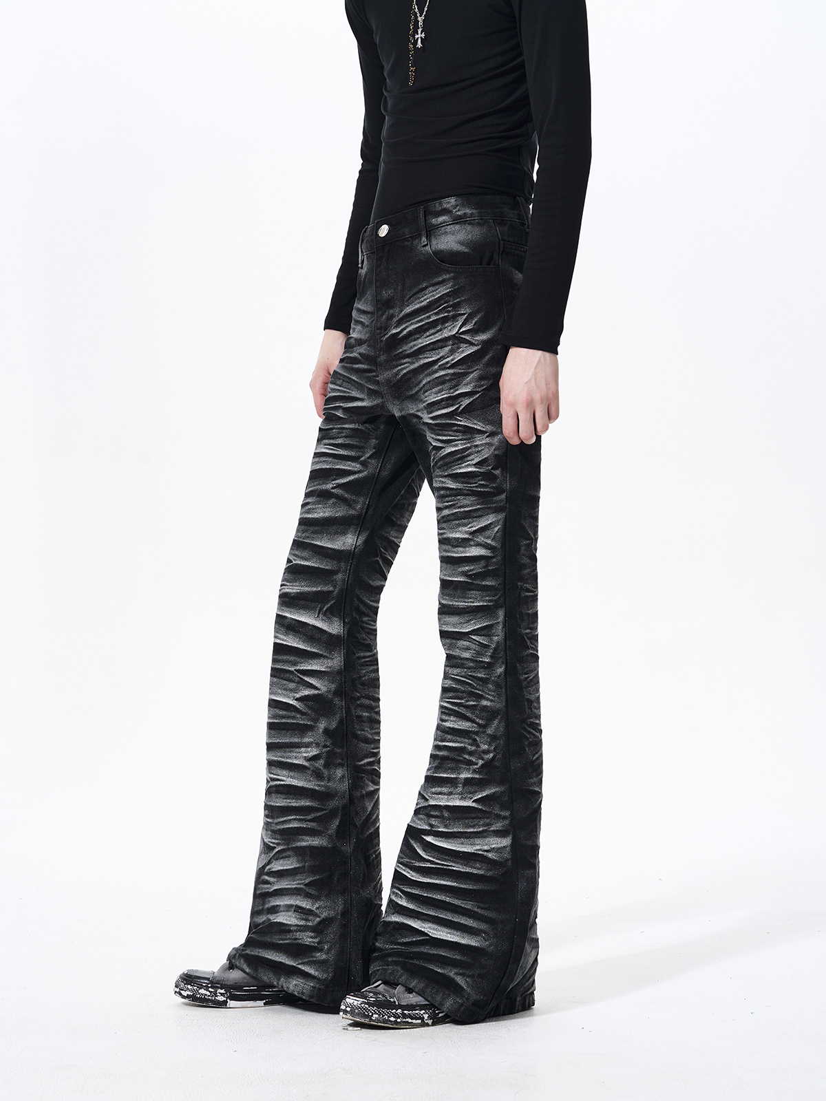 METALLIC COATED RIPPLE PLEATED FLARE DENIM