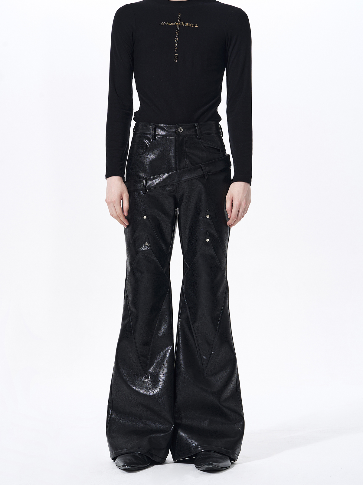 DOUBLE WAISTBAND FLARED LEATHER PANTS