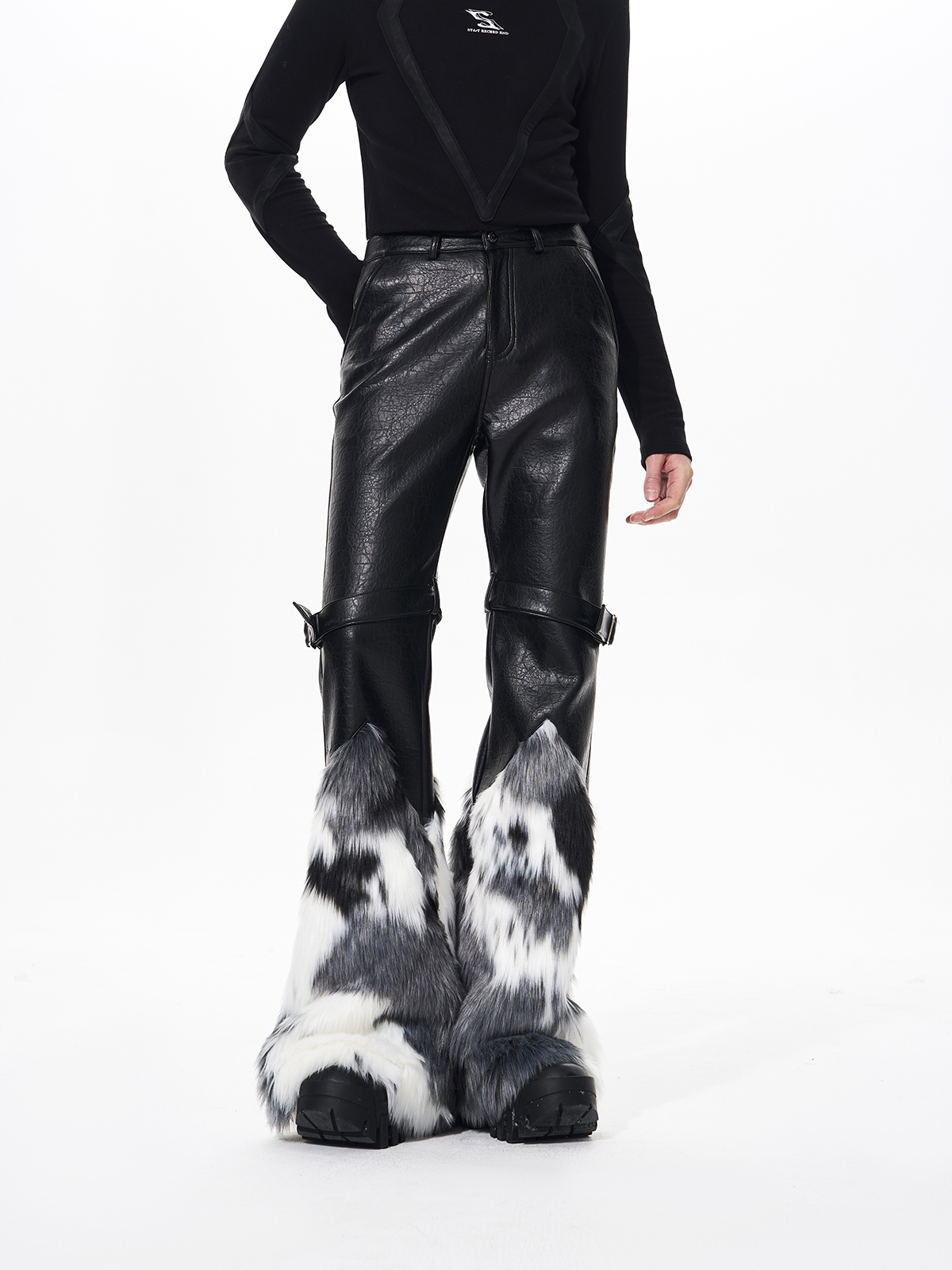 FAUX FUR SPLICED BUCKLE STRAP FLARED LEATHER PANTS