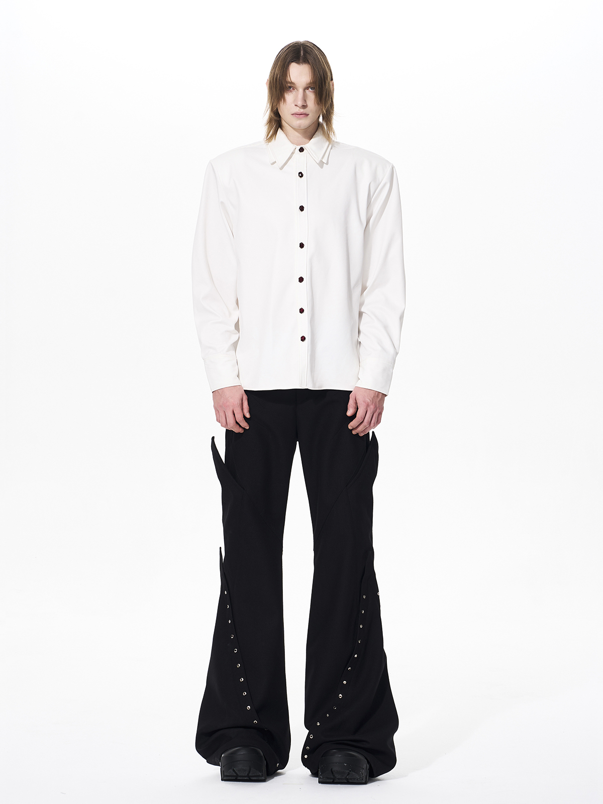 DOUBLE-COLLAR GEM-BUTTON STRUCTURED SHIRT-WHITE