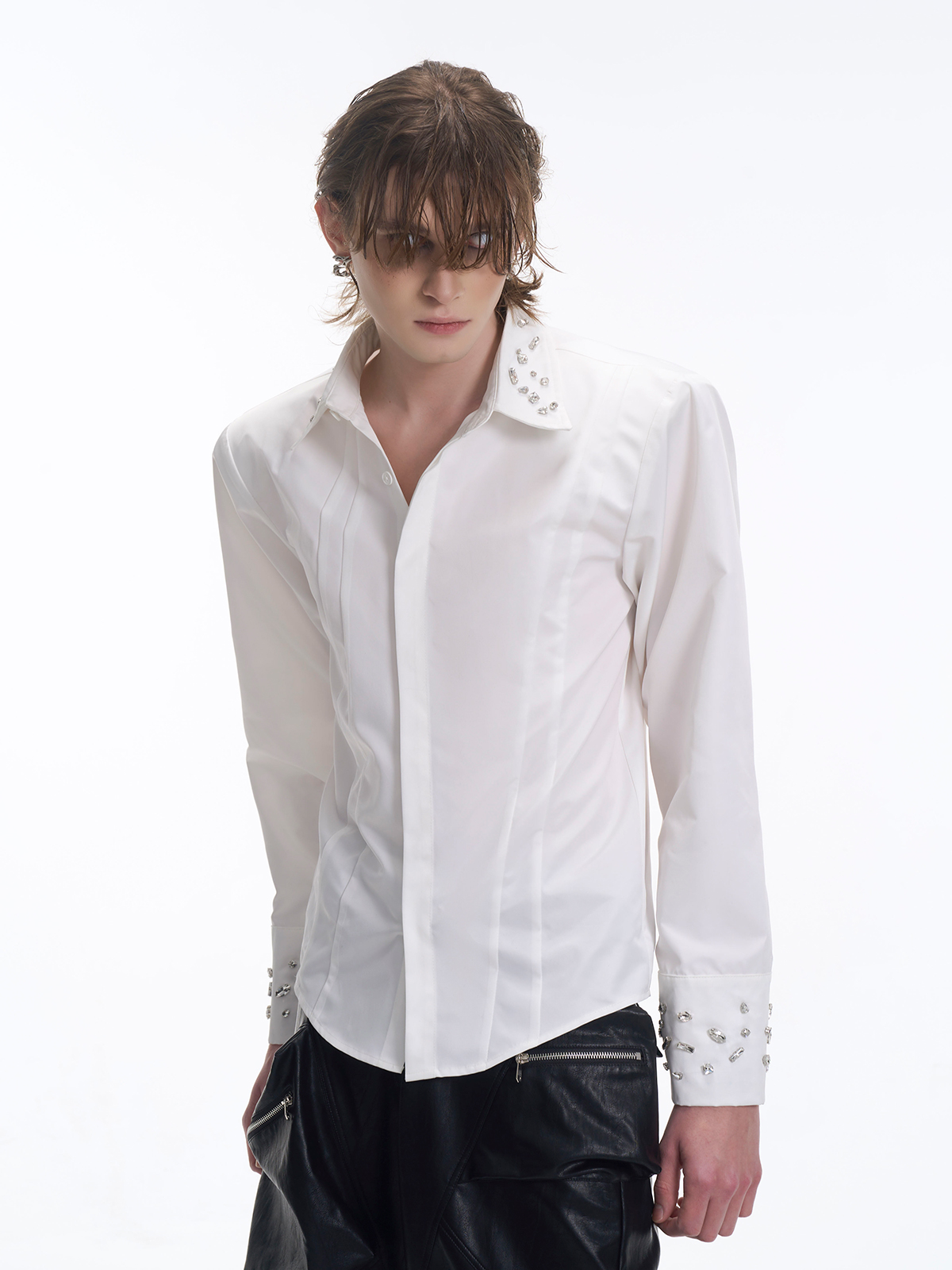CRYSTAL COLLAR & CUFF CONCEALED PLACKET SHIRT - WHITE-START EXCEED END