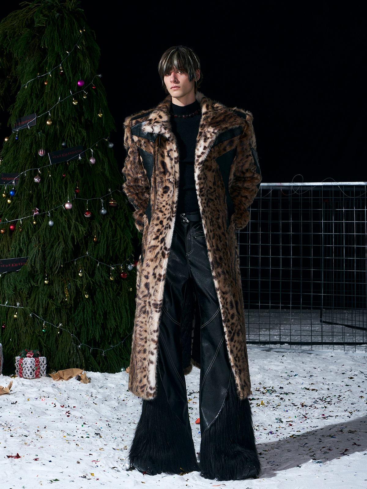 LEOPARD FAUX FUR LEATHER-PANEL MAXI COAT