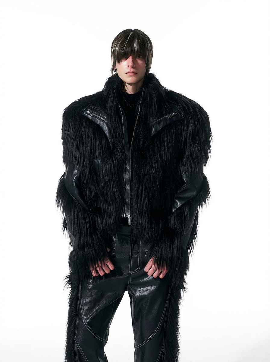 SHAGGY FAUX FUR LEATHER-PANEL CROPPED JACKET-BLACK