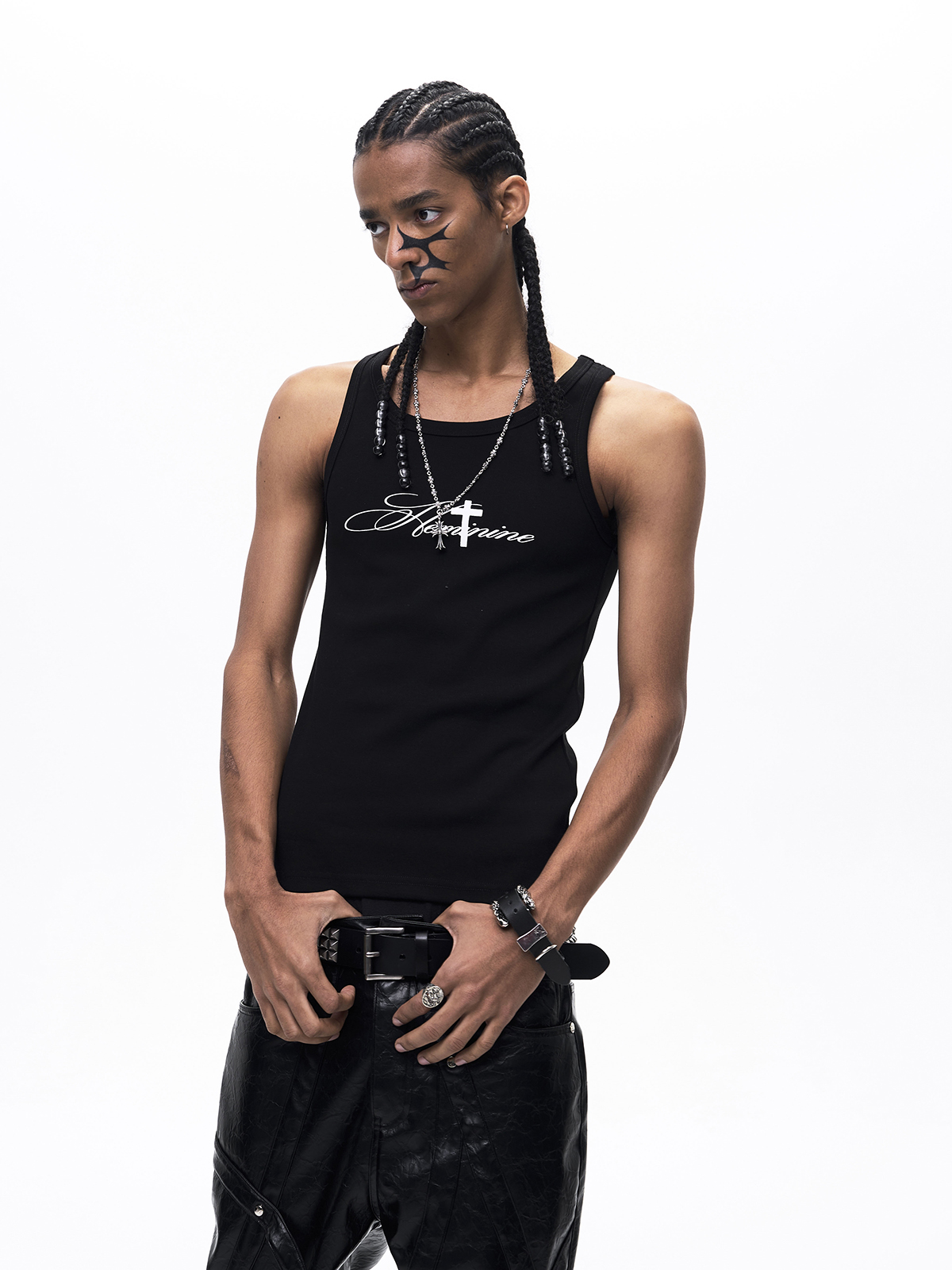 GOTHIC CROSS PRINT RIBBED TANK TOP-BLACK