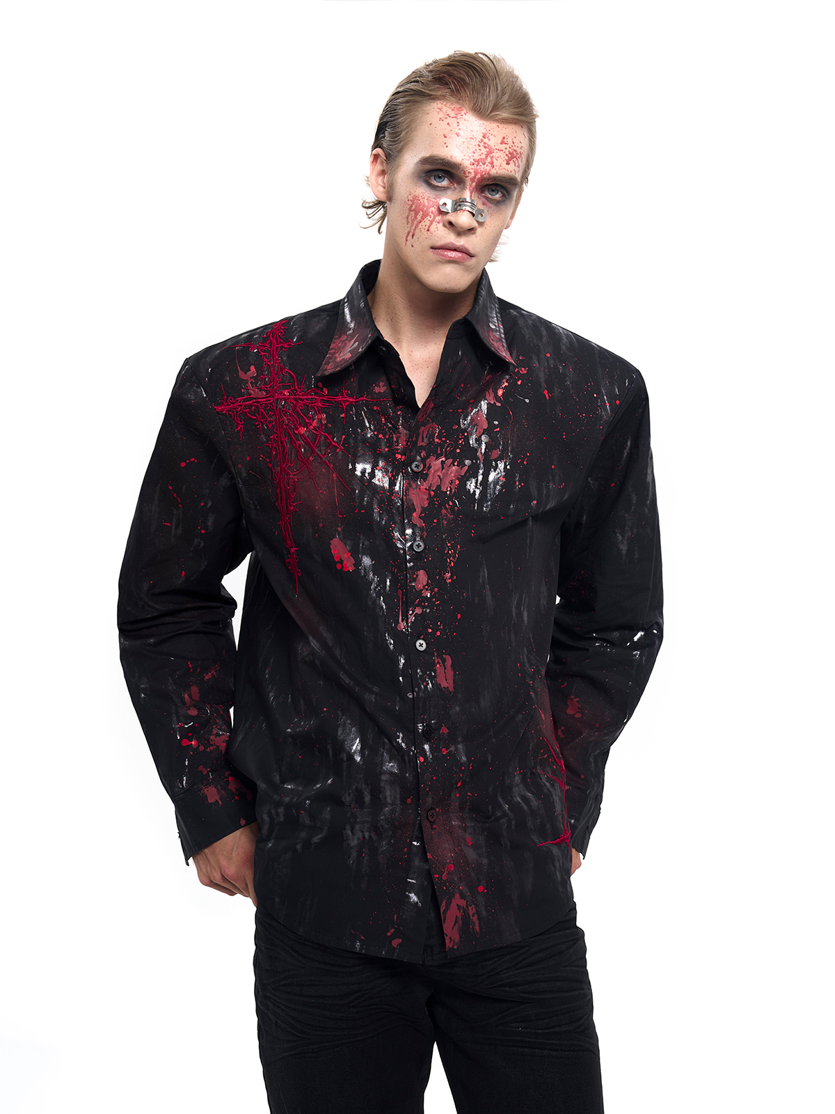 CRIMSON SPLATTER THORN CROSS SHIRT-START EXCEED END
