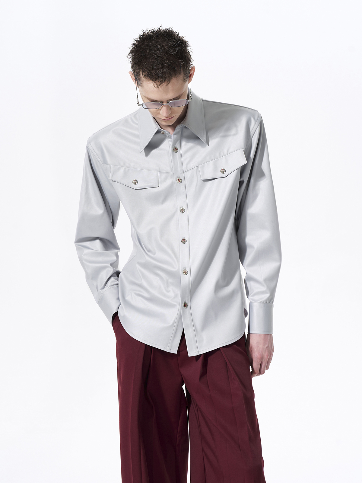 FAUX ACETATE STRUCTURED SHOULDER SHIRT-SLATE GREY