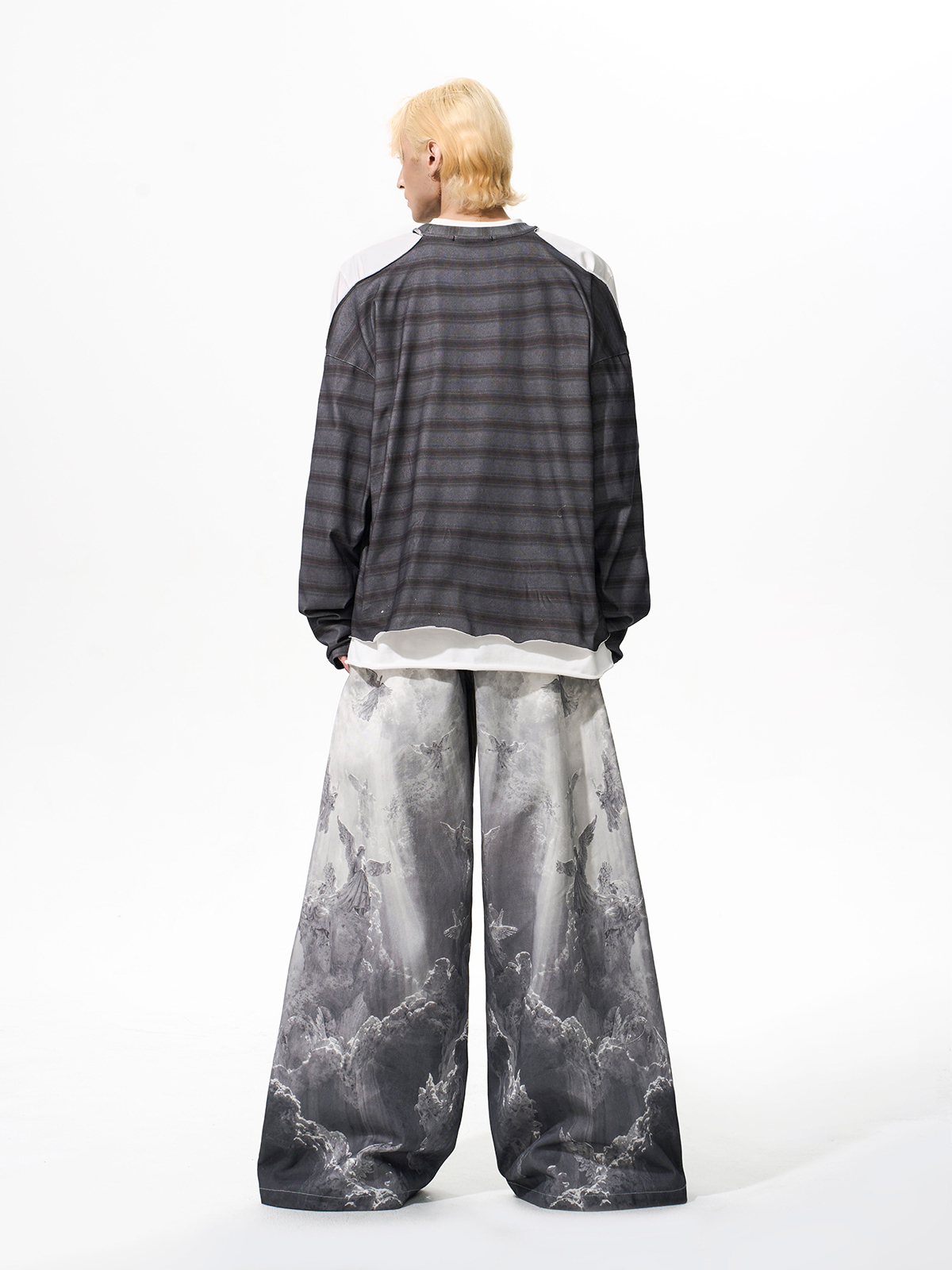 RENAISSANCE ANGEL PRINT LOW WAIST WIDE LEG JEANS