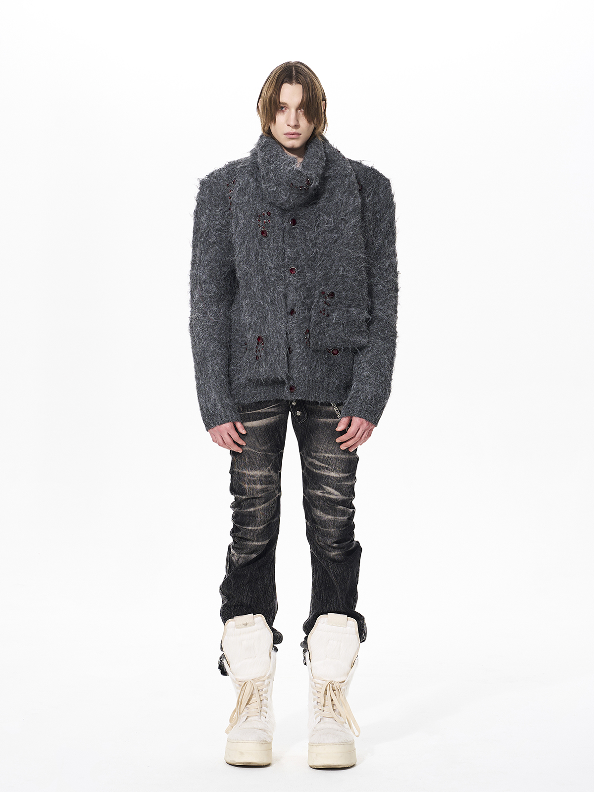 GEMSTONE SCATTERED SHAGGY MOHAIR CARDIGAN-GREY