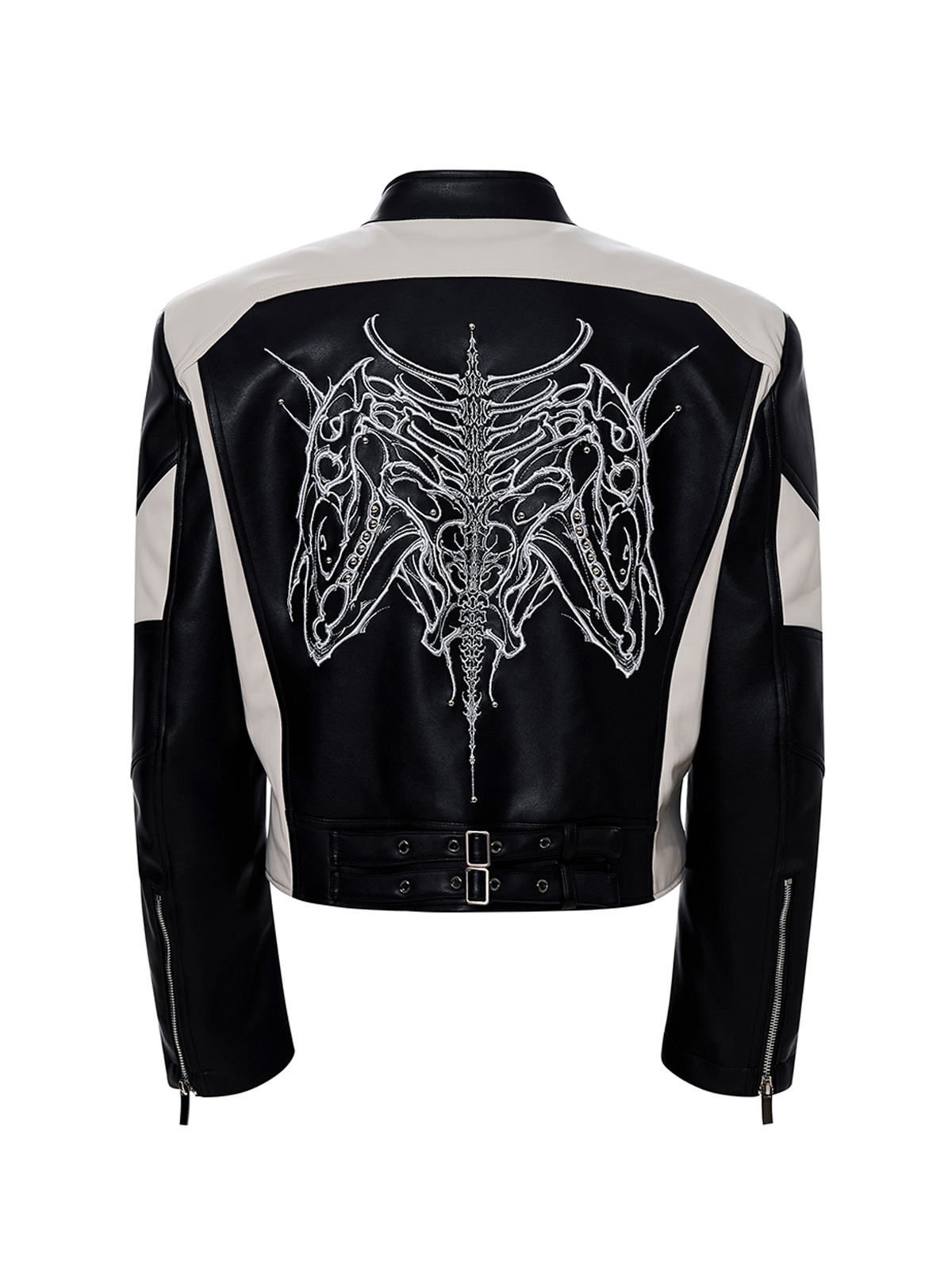 EMBROIDERED SKELETAL HORSE MOTO JACKET-BLACK