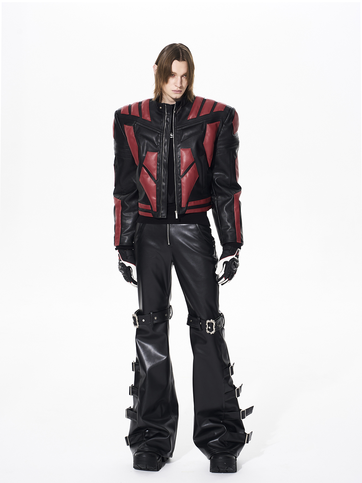 MULTI-BUCKLE STRAP RIVET FLARED PU LEATHER PANTS