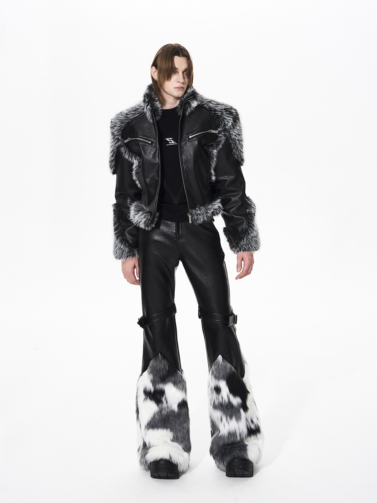 FAUX FUR SPLICED BUCKLE STRAP FLARED LEATHER PANTS