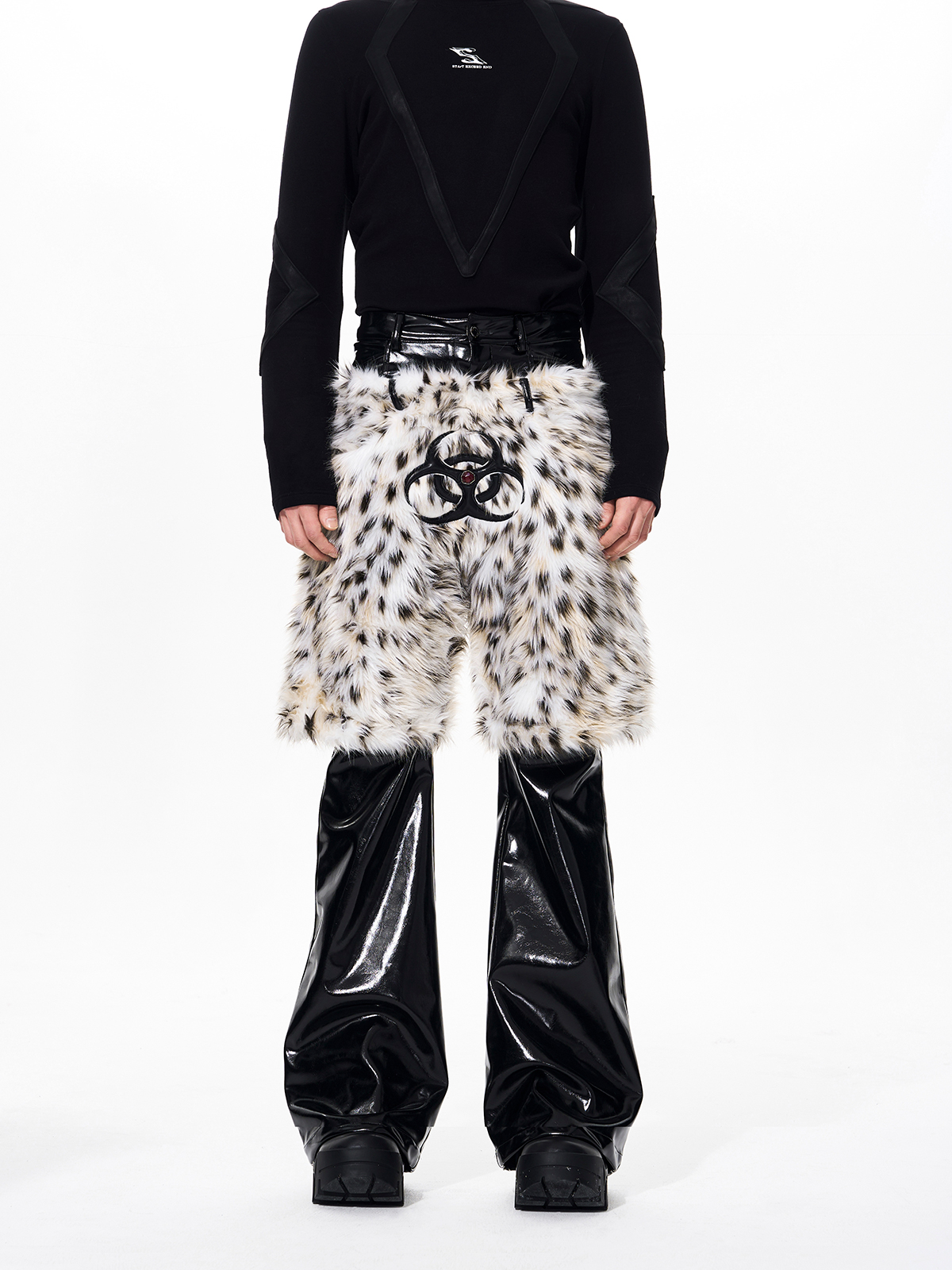 LEOPARD FUR LAYERED PATENT LEATHER FLARED PANTS