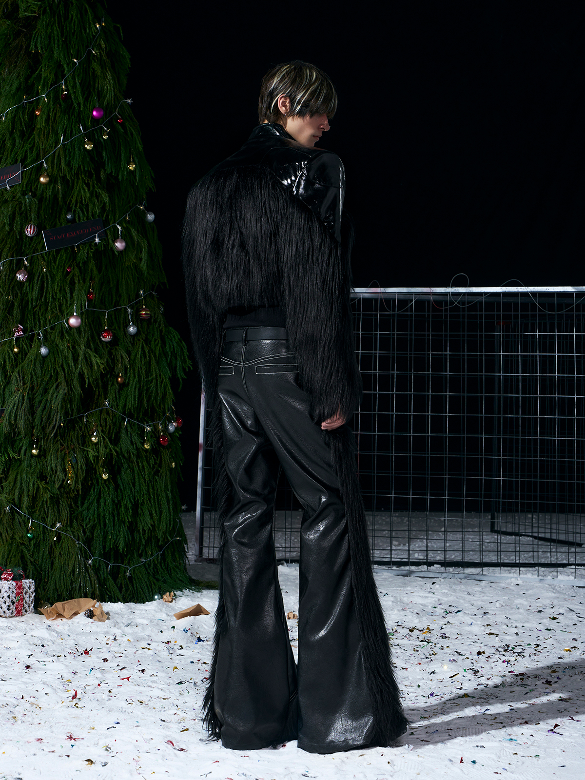 FAUX FUR SIDE-PANEL MICRO-FLARE LEATHER PANTS