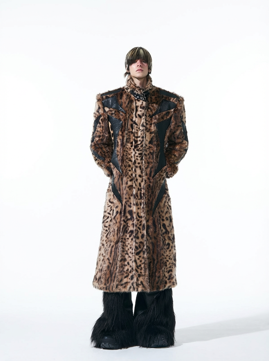 LEOPARD FAUX FUR LEATHER-PANEL MAXI COAT