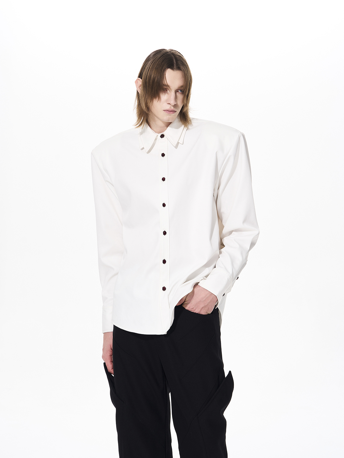 DOUBLE-COLLAR GEM-BUTTON STRUCTURED SHIRT-WHITE