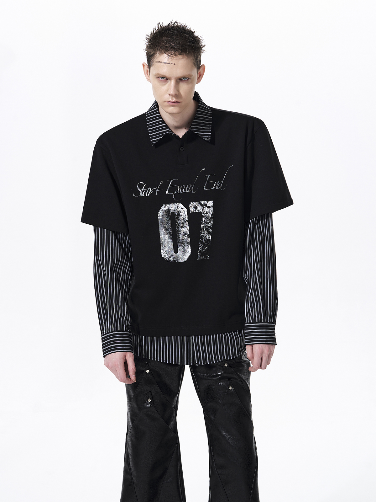 DISTRESSED GRAPHIC LAYERED POLO SHIRT-BLACK