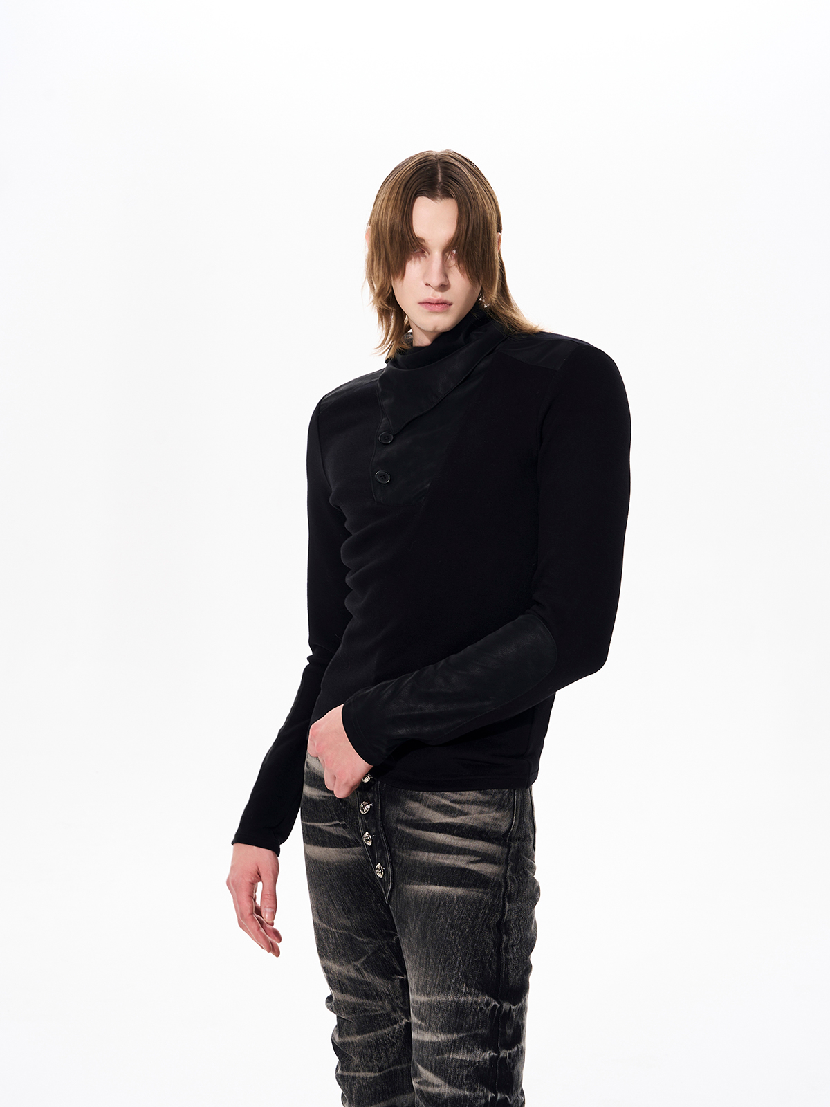 LEATHER PANEL BUTTON NECK FLEECE TOP