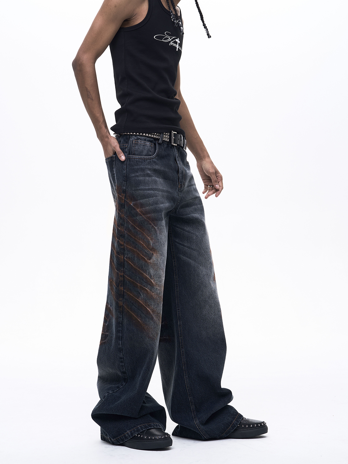 OXIDIZED WHISKER WIDE LEG DENIM-DARK BLUE