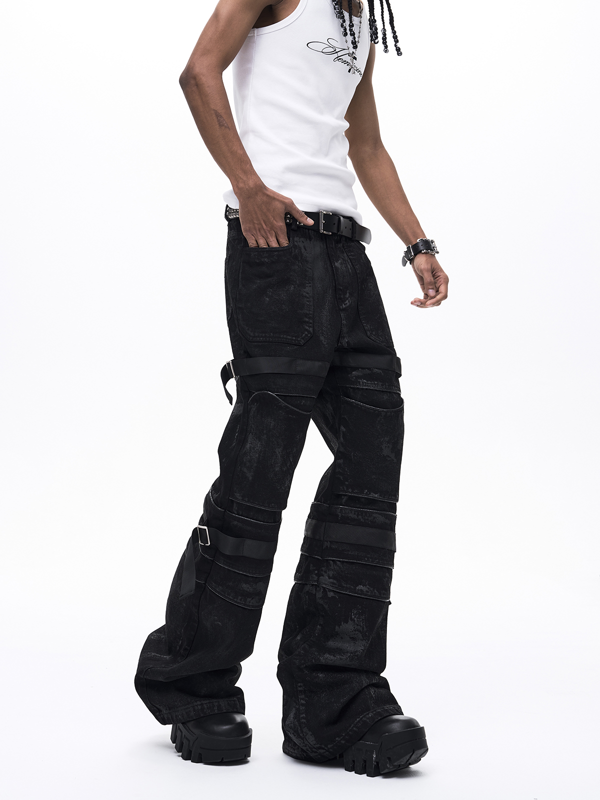 WAXED BONDAGE SLIGHT FLARE DENIM-BLACK