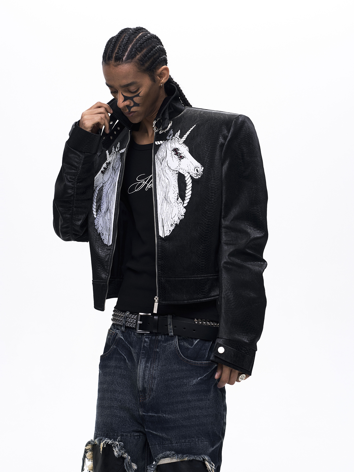 EMBROIDERED UNICORN STAND COLLAR LEATHER JACKET