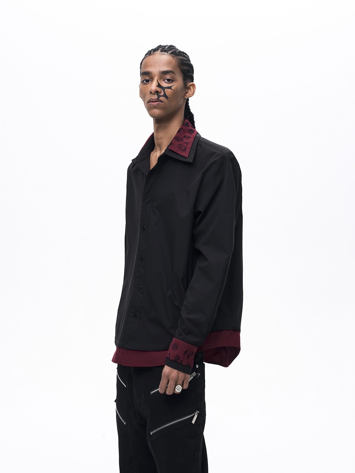 FAKE TWO-PIECE DOUBLE COLLAR SHIRT-BLACK