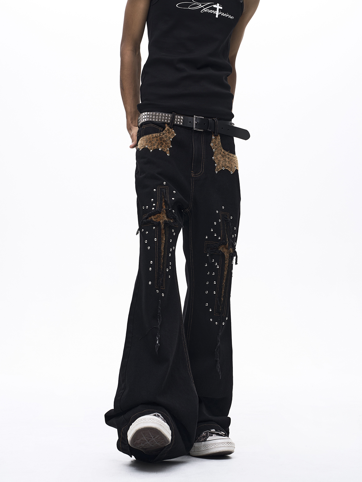 STUDDED LEOPARD CROSS PATCHWORK FLARED DENIM