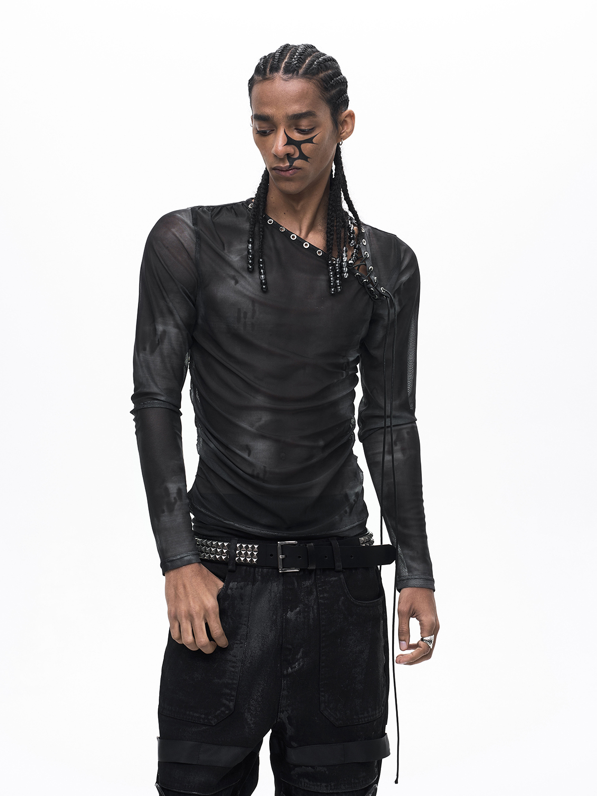 ASYMMETRICAL LACE-UP SHEER MESH TOP-BLACK