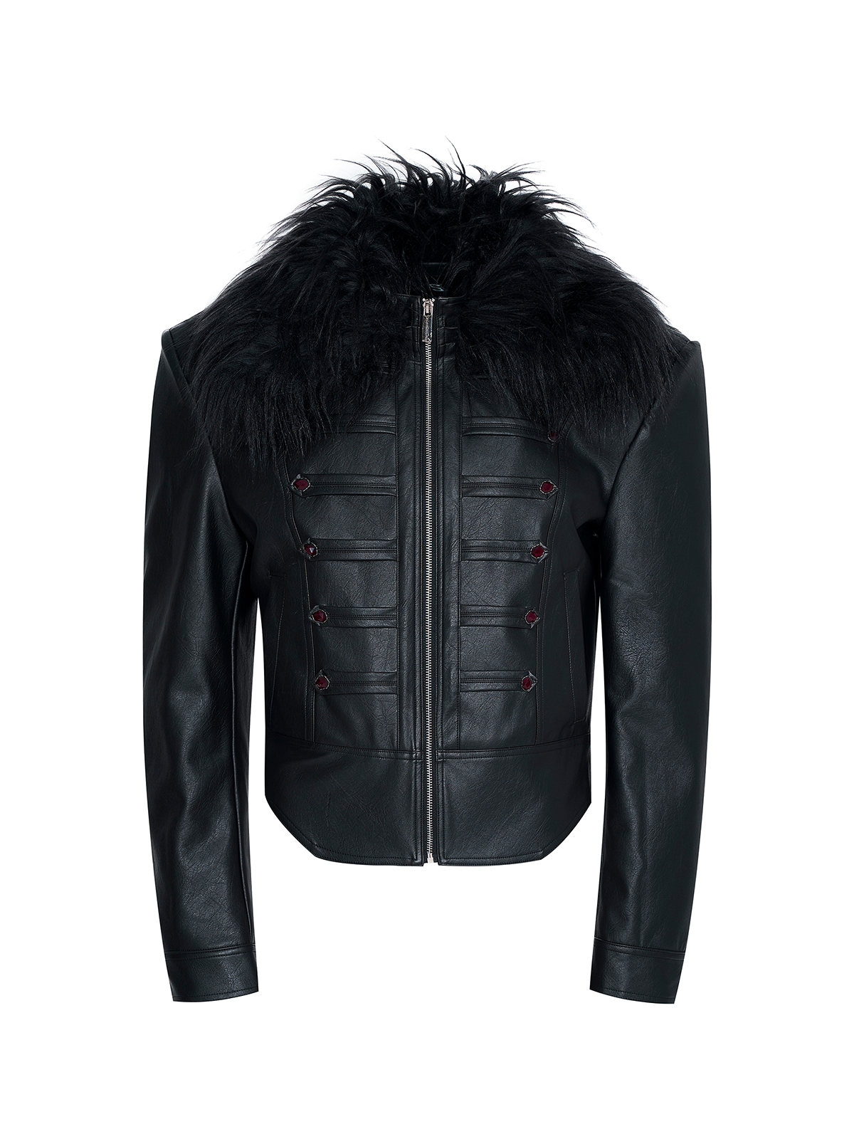 BLACK MILITARY HUSSAR JACKET WITH JEWEL BUTTONS & FUR COLLAR