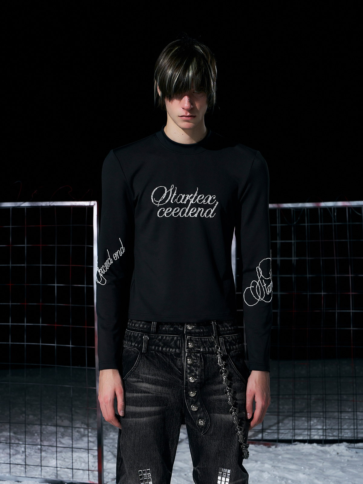 BLACK RHINESTONE SCRIPT MOCK NECK LONG SLEEVE