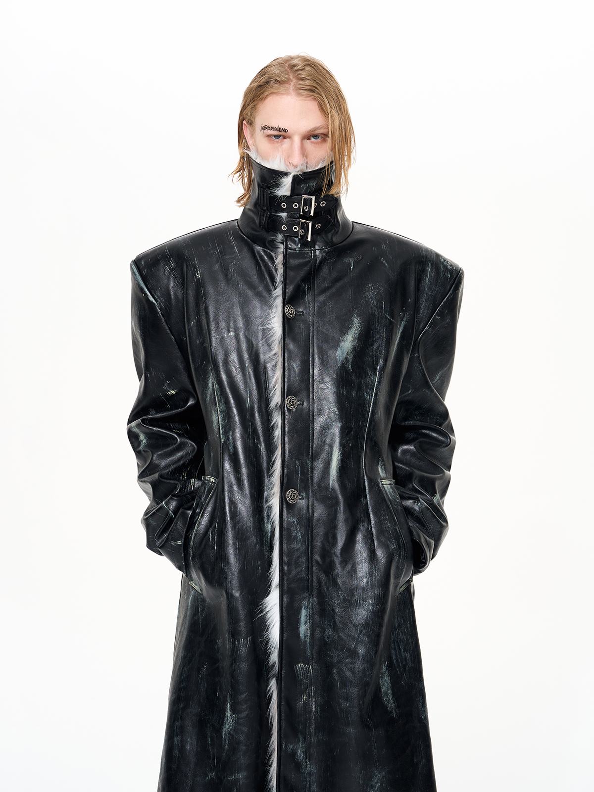 DISTRESSED BLACK FUR LINED BUCKLE TRENCH-START EXCEED END