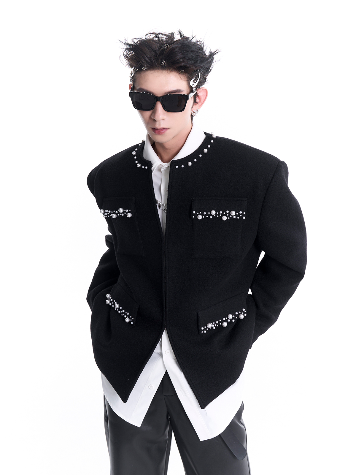 PEARL-TRIMMED COLLARLESS WOOL JACKET-START EXCEED END