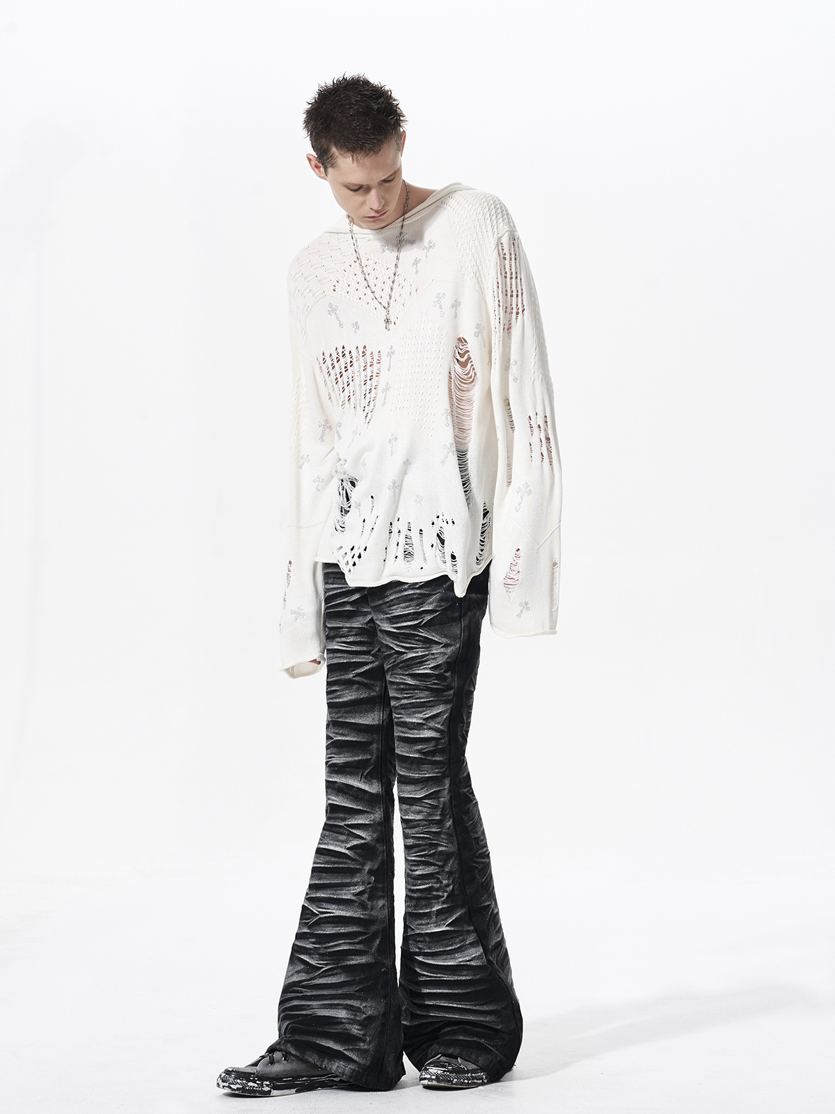 DISTRESSED CROSS RHINESTONE HOODED KNIT SWEATER-WHITE