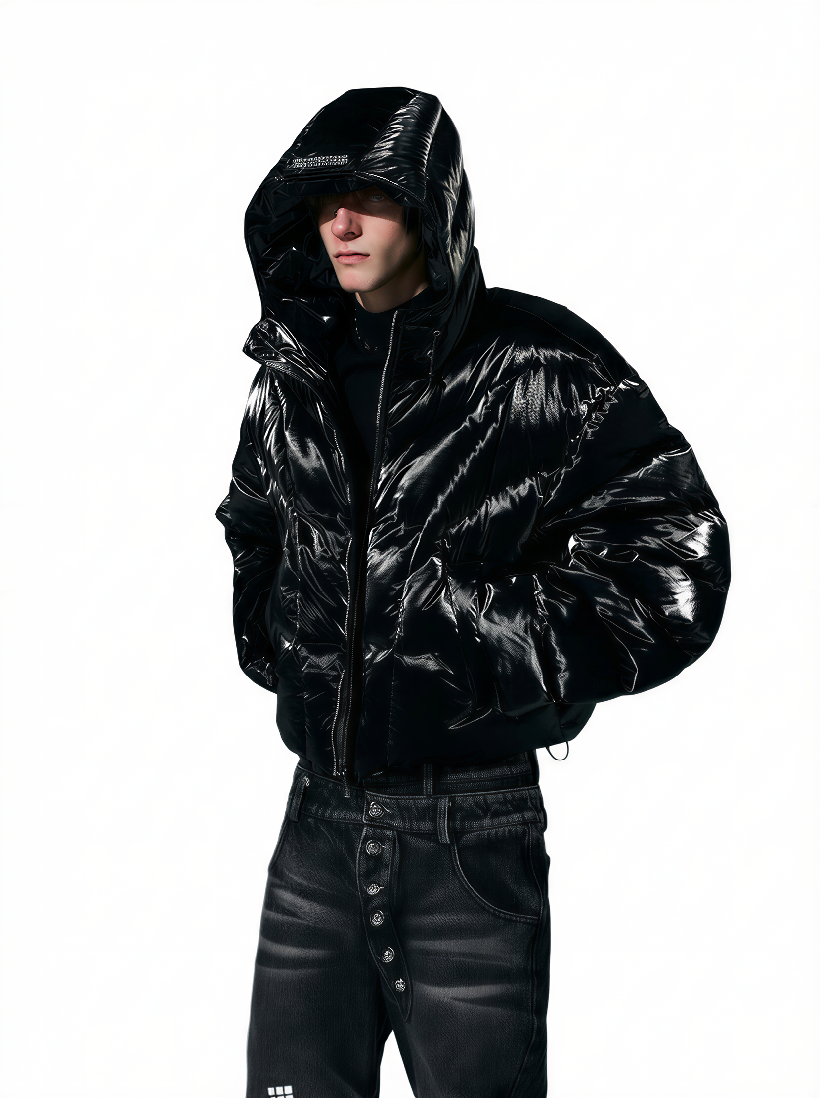 BLACK HIGH-GLOSS CROPPED HOODED PUFFER