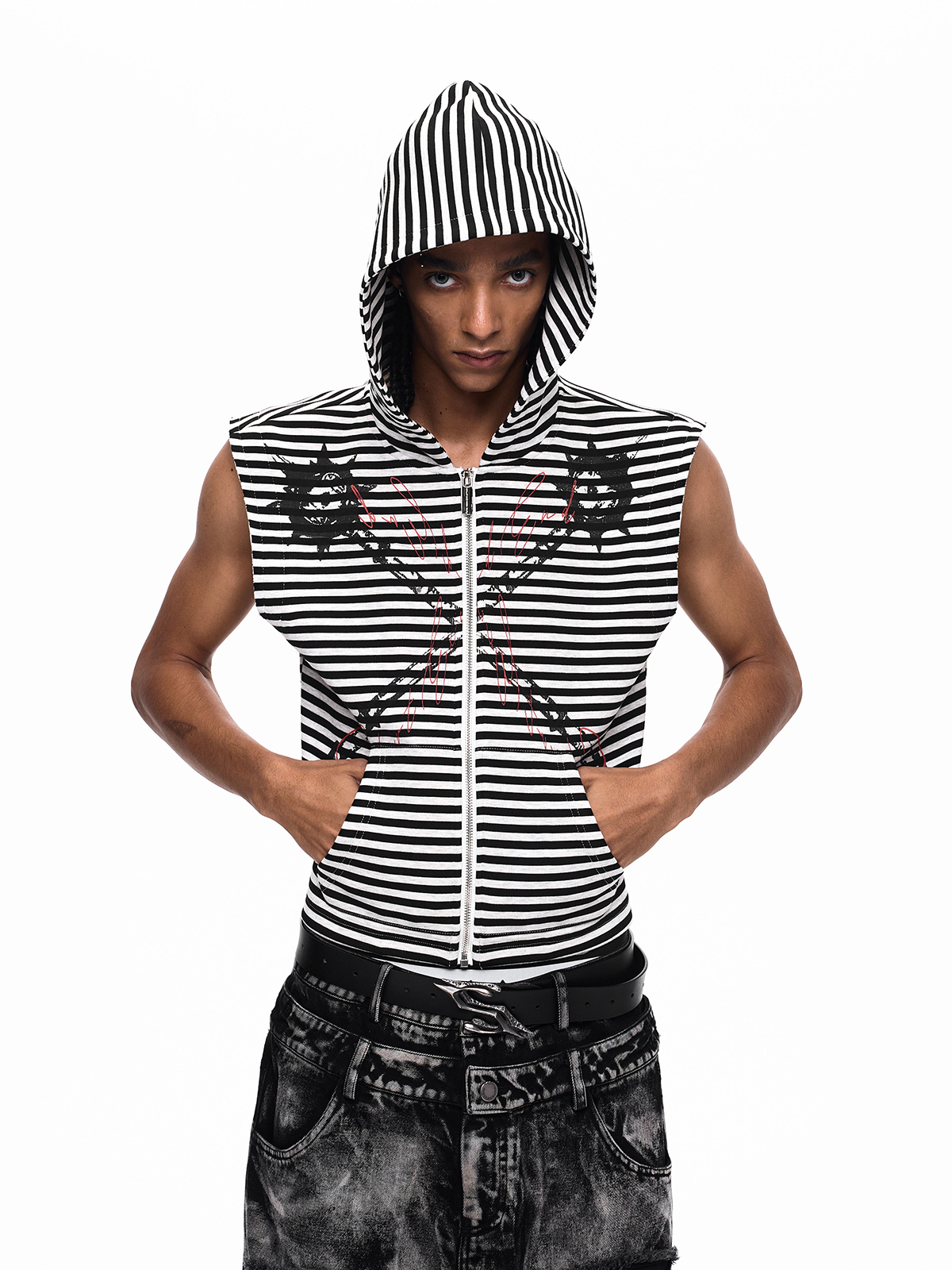STRIPED MORNING STAR ZIP HOODIE VEST-BLACK/WHITE