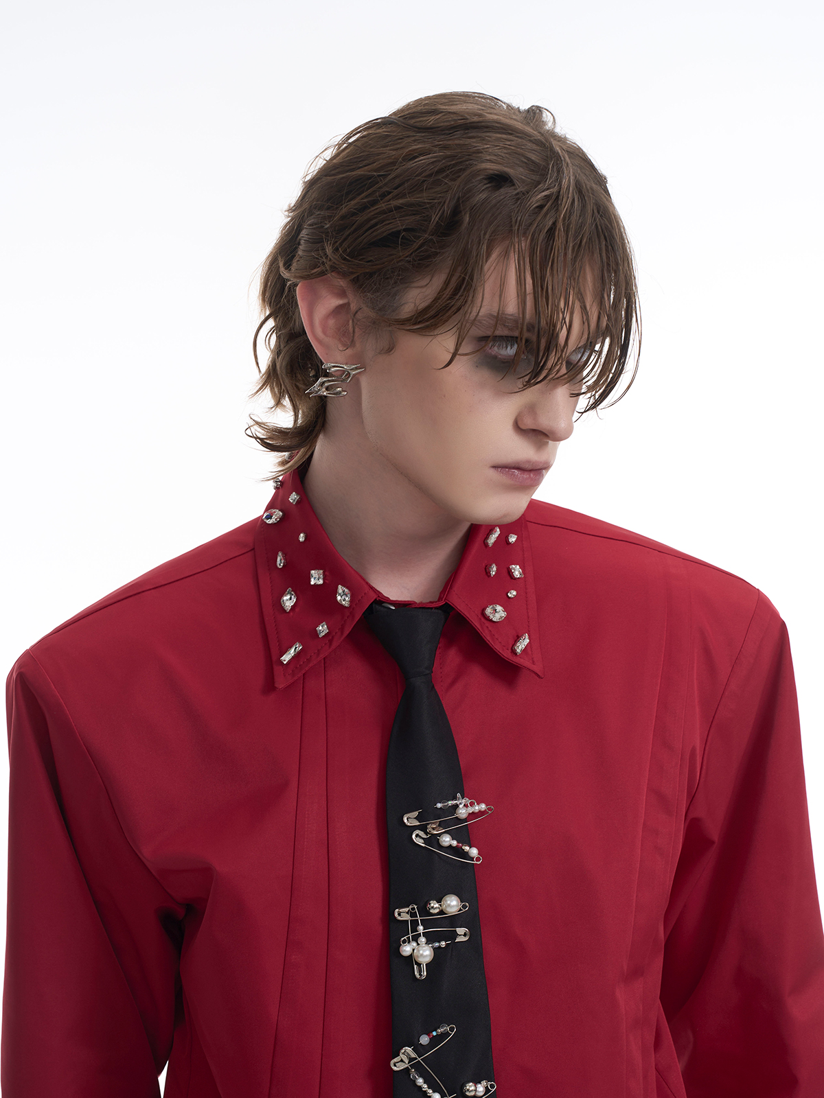 CRYSTAL COLLAR & CUFF CONCEALED PLACKET SHIRT - RED-START EXCEED END