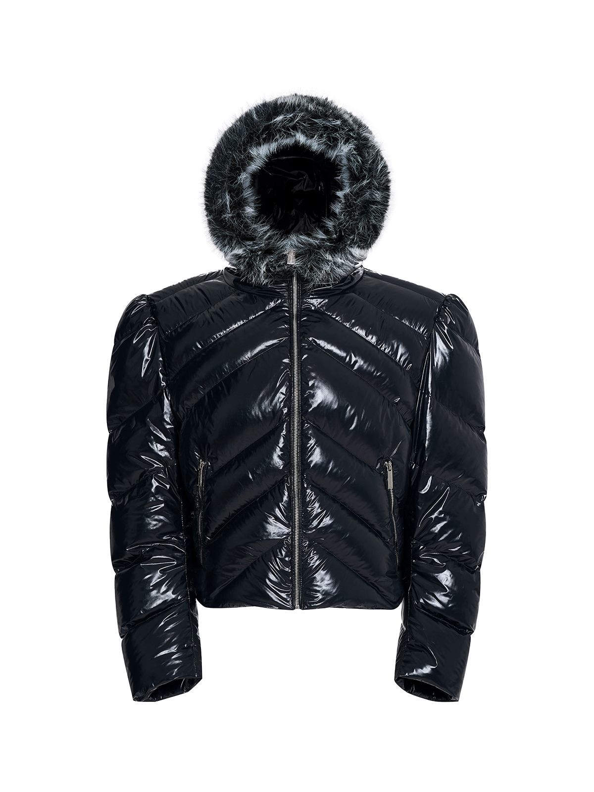 GLOSSY BLACK CHEVRON PUFFER WITH FAUX FUR HOOD