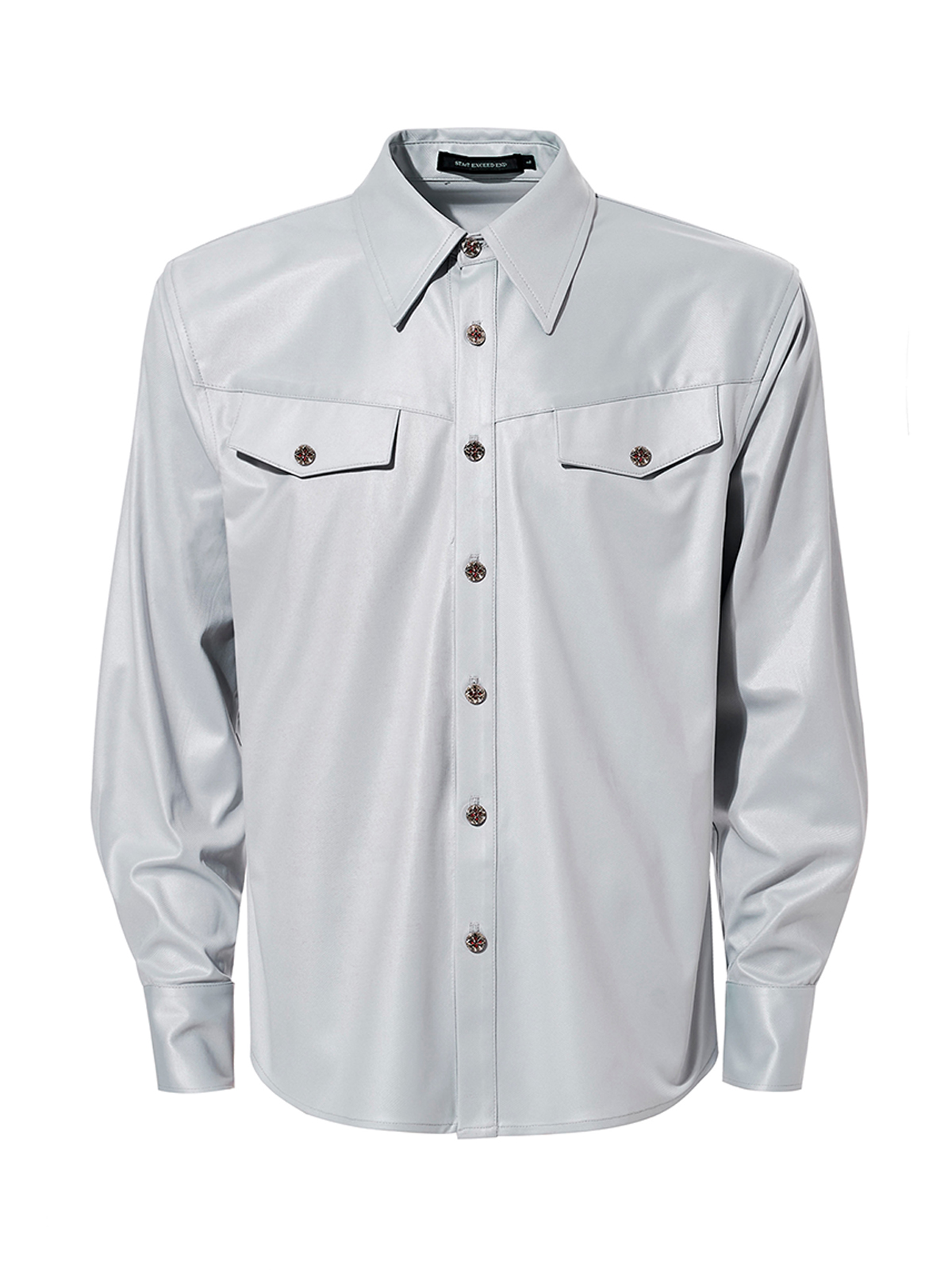 FAUX ACETATE STRUCTURED SHOULDER SHIRT-SLATE GREY