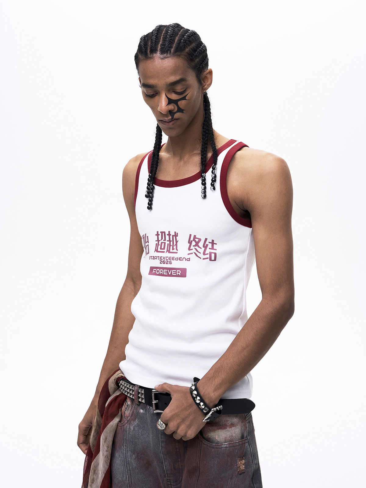"START EXCEED END" GRAPHIC RINGER TANK TOP-WHITE/RED