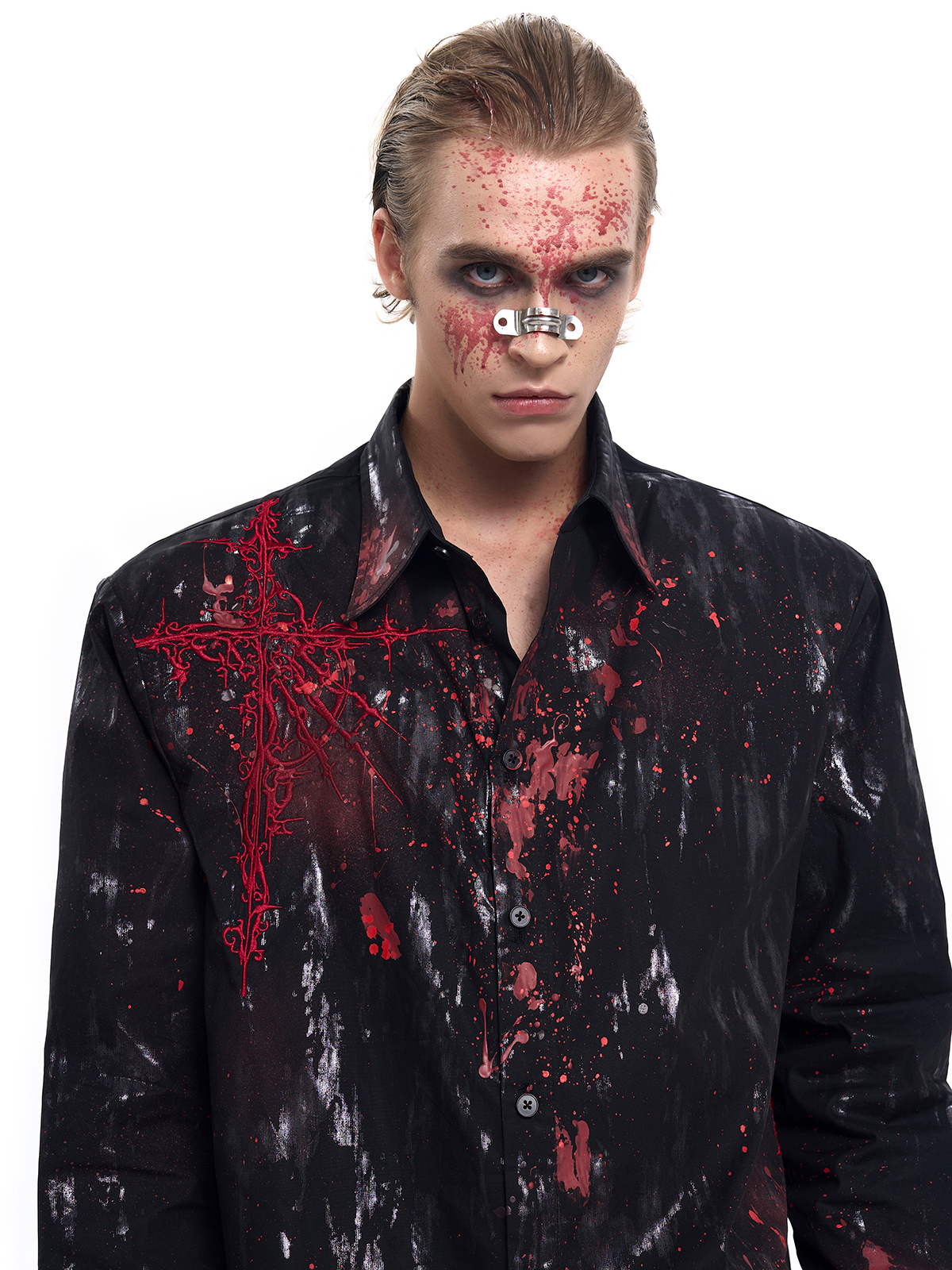 CRIMSON SPLATTER THORN CROSS SHIRT-START EXCEED END