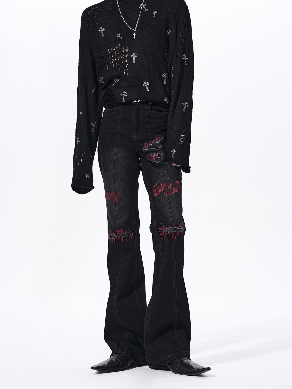 DISTRESSED SOUNDWAVE LEATHER PATCHWORK FLARED JEANS