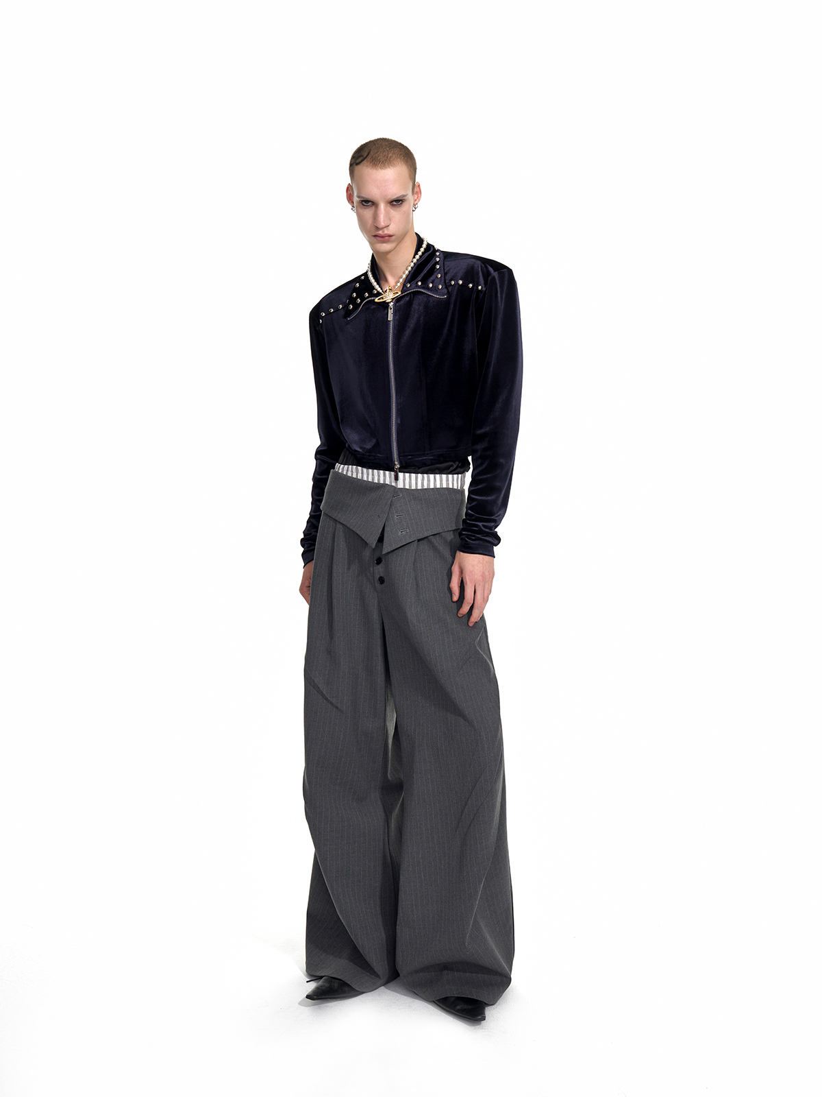 FOLD-OVER WAIST PINSTRIPE WIDE-LEG TROUSERS-GREY