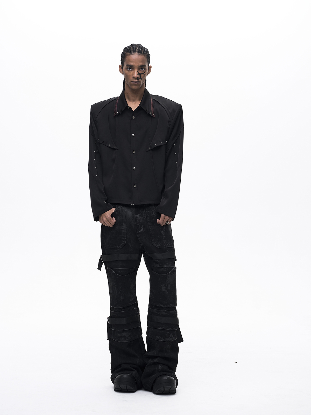 TRIPLE COLLAR DECONSTRUCTED LONG SLEEVE SHIRT-BLACK