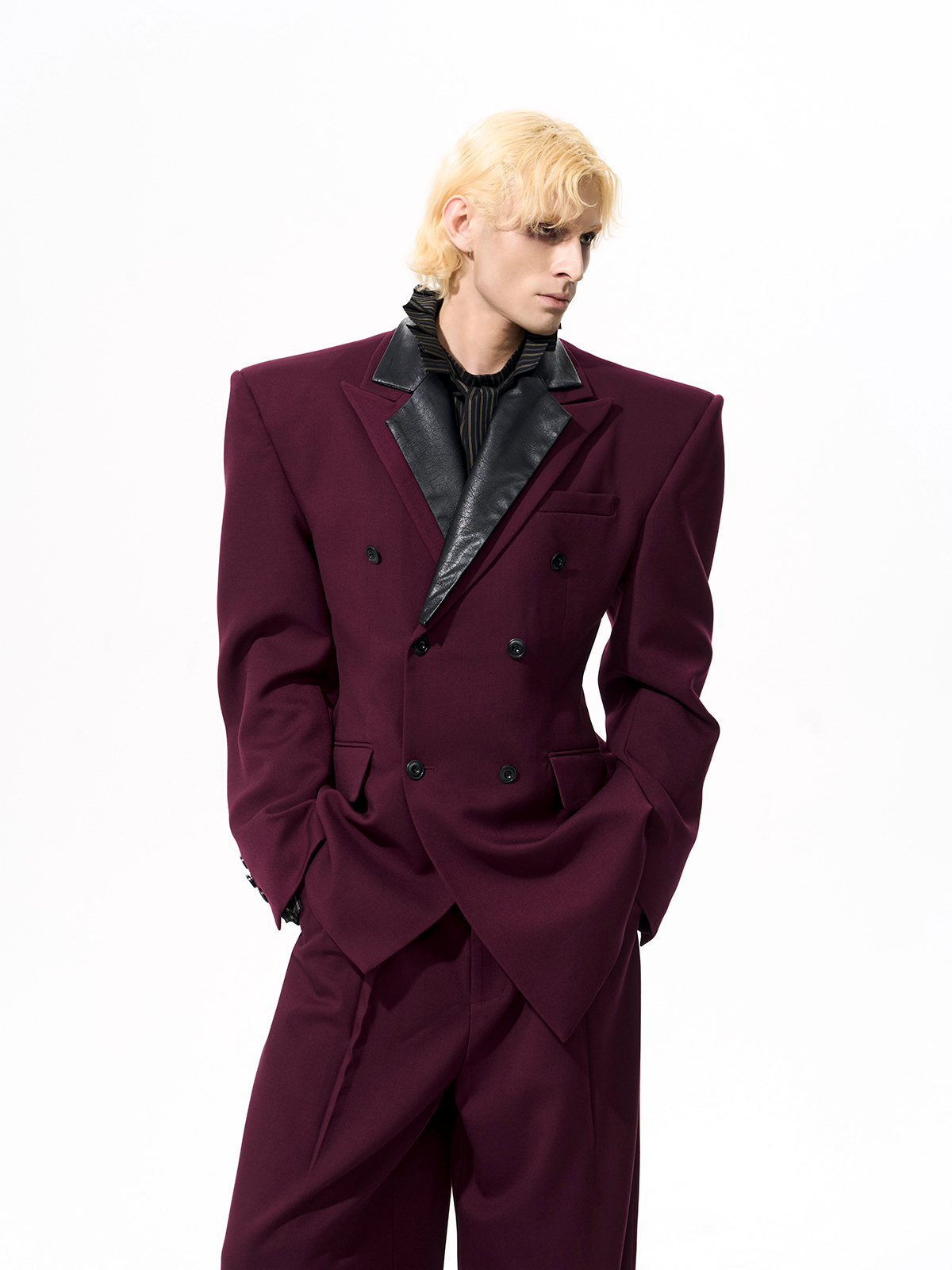 DETACHABLE LEATHER COLLAR SCULPTED SUIT SET-BURGUNDY