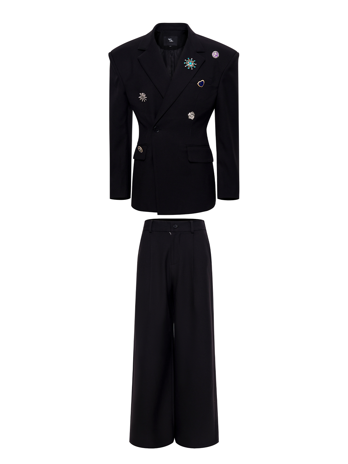 SCULPTED BROOCH-EMBELLISHED SUIT SET-BLACK
