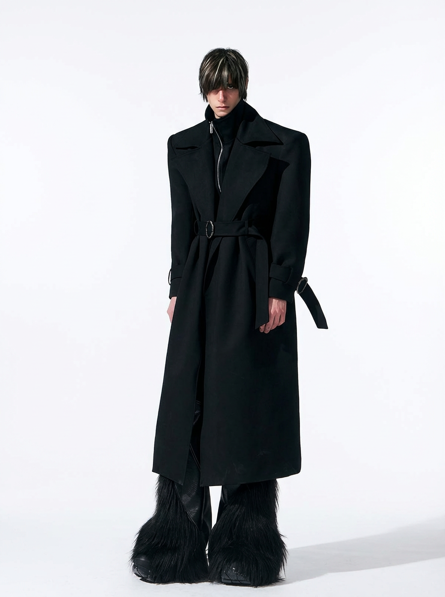 BLACK DISTRESSED SUEDE BELTED TRENCH COAT