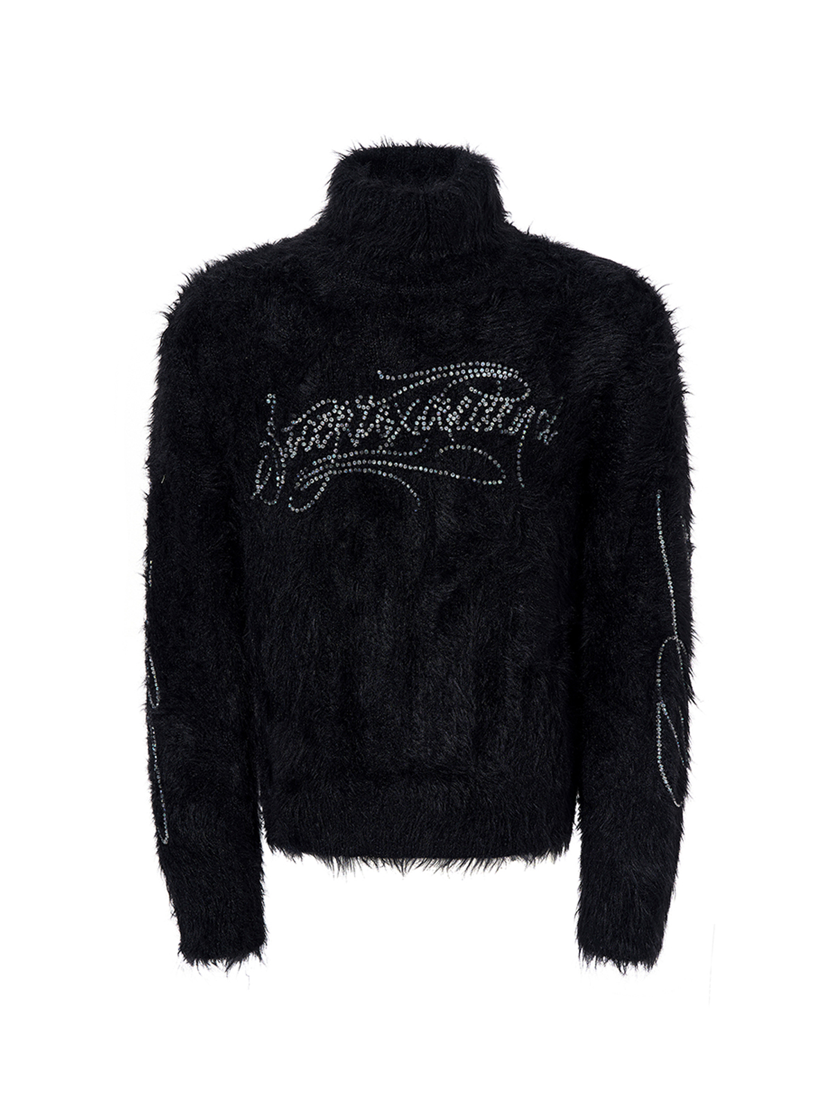 RHINESTONE LOGO FUZZY HIGH NECK KNIT-BLACK