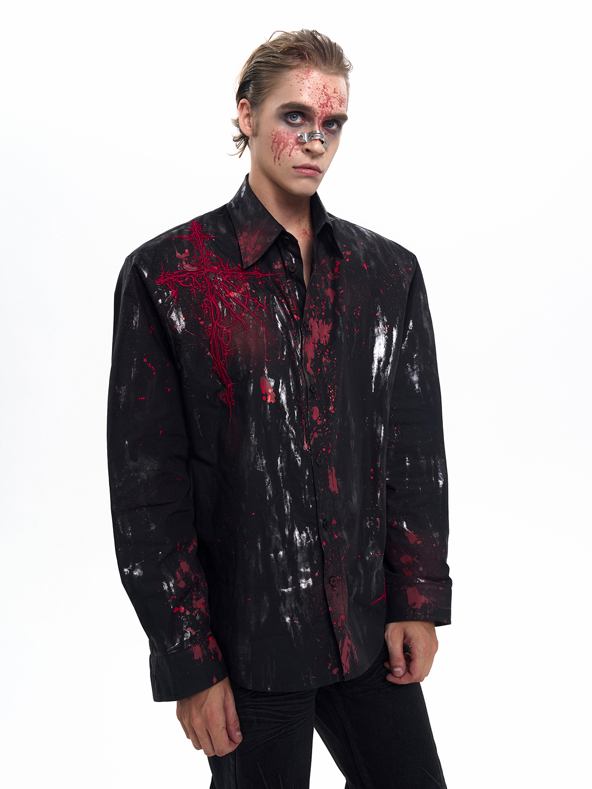 CRIMSON SPLATTER THORN CROSS SHIRT-START EXCEED END