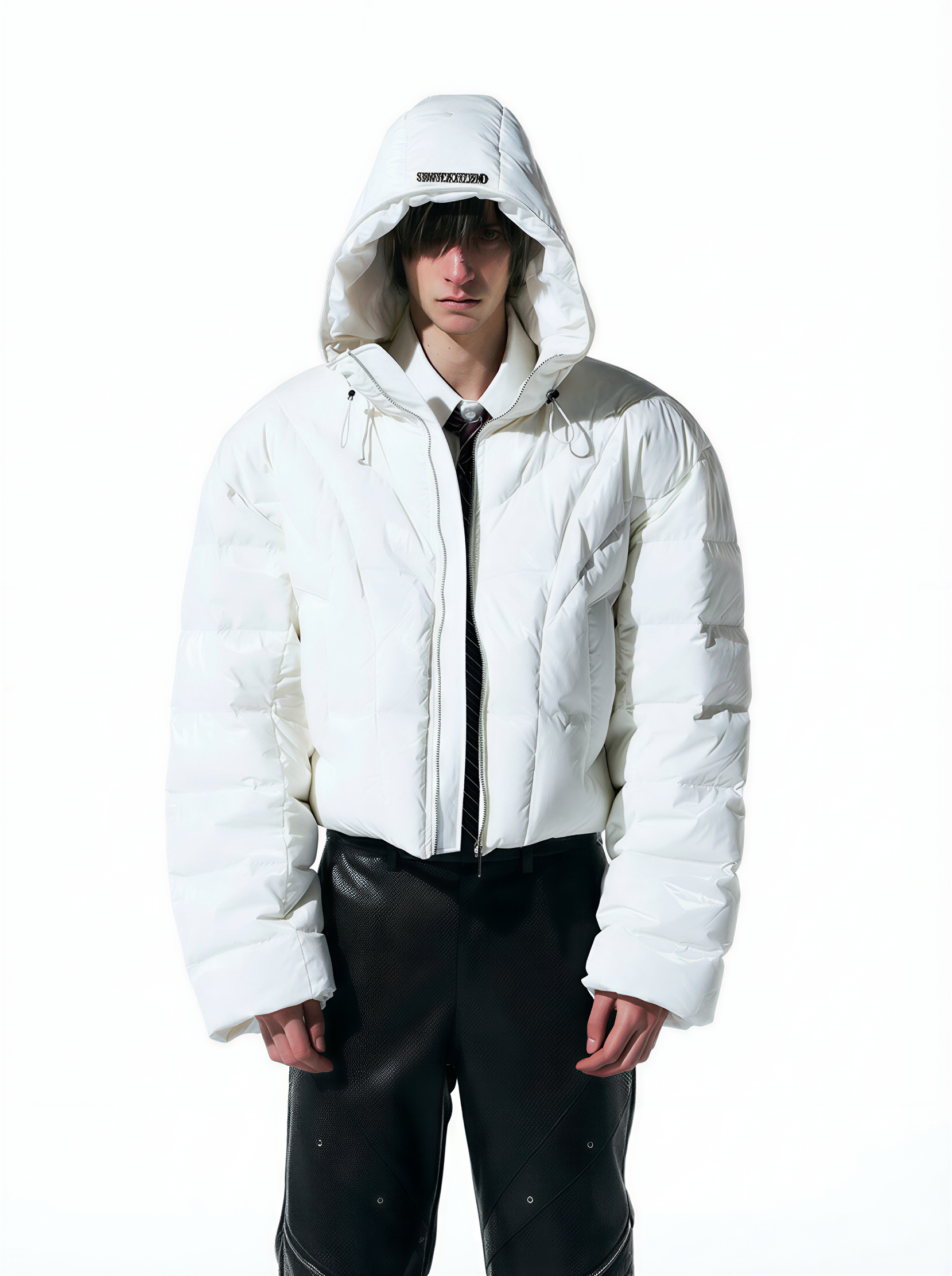 ARCTIC WHITE HIGH-GLOSS CROPPED HOODED PUFFER