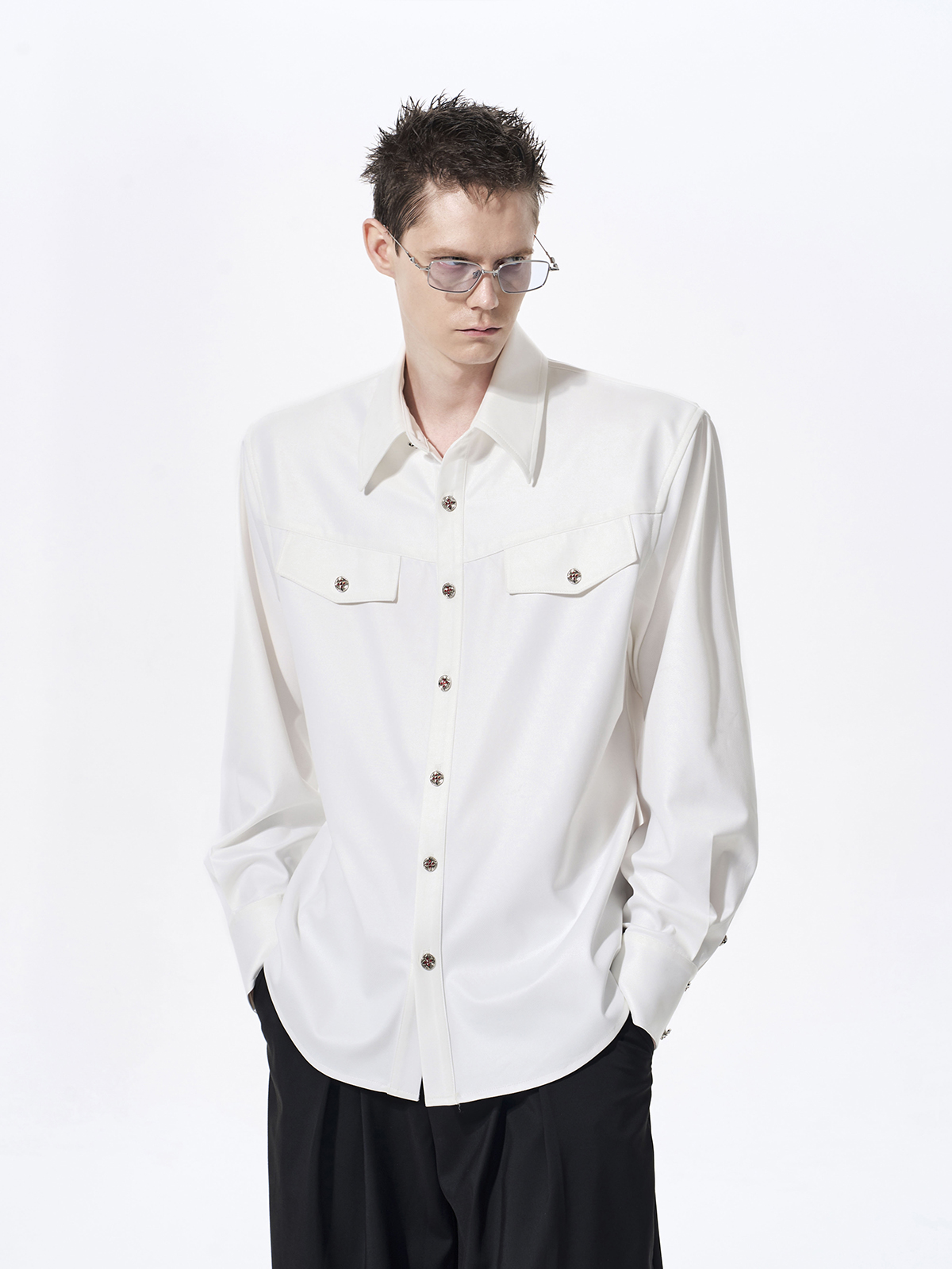 FAUX ACETATE STRUCTURED SHOULDER SHIRT-WHITE